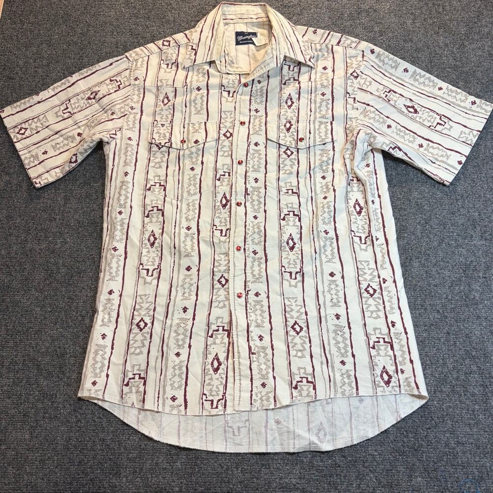 Vintage Wrangler Mens M Aztec Southwestern Short Sleeve Western Pearl Snap Shirt